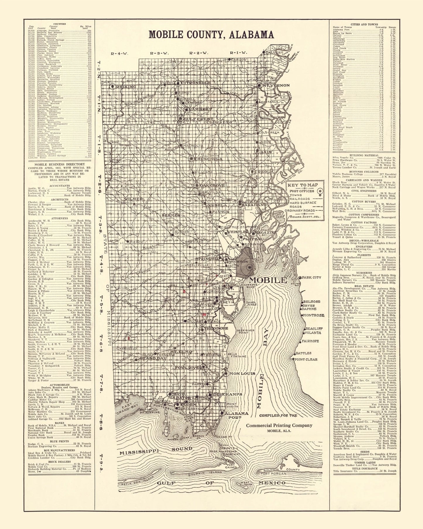Vintage Map of Mobile County, Alabama 1915