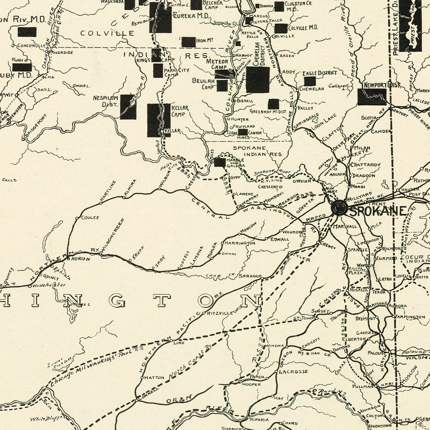 Vintage Map of Spokane Mining Districts, 1909