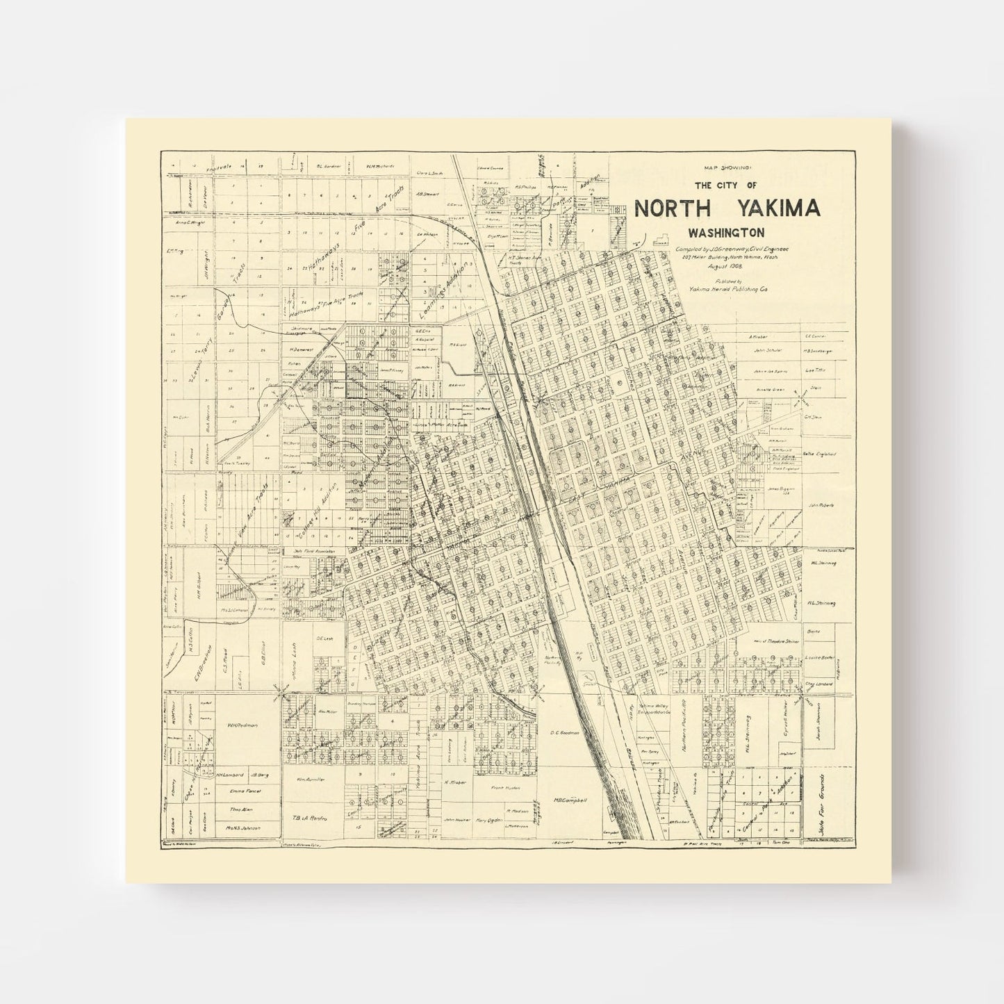 Vintage Map of North Yakima, Washington 1908