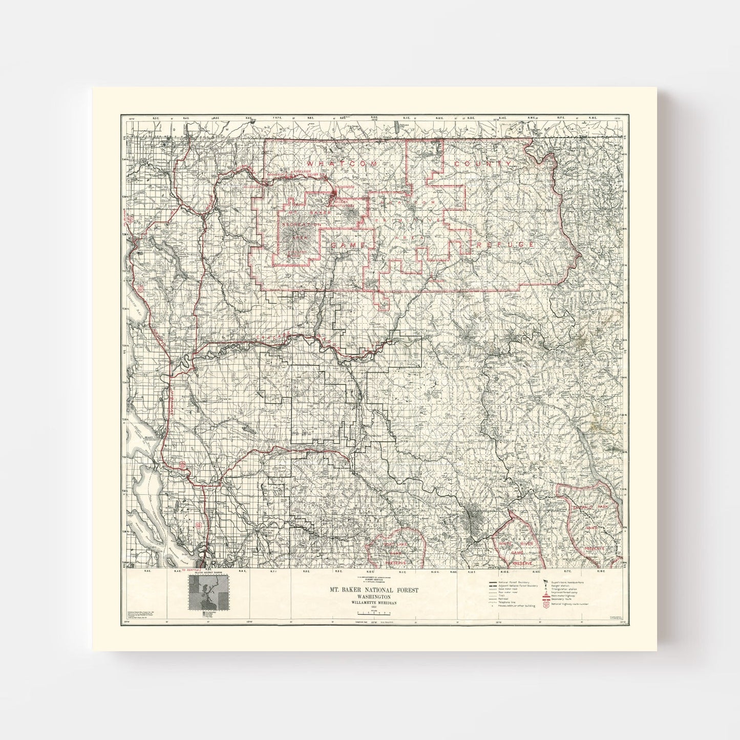 Vintage Map of Mt. Baker National Forest 1931