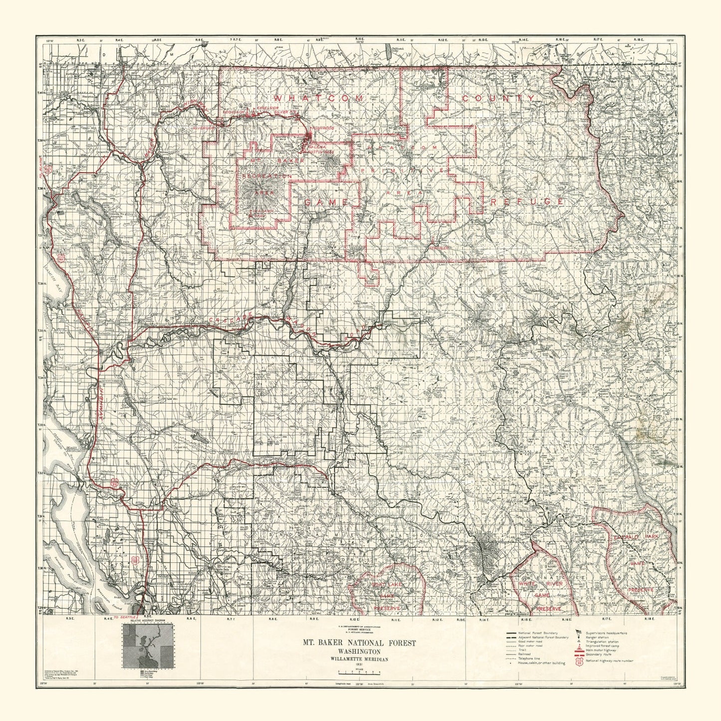 Vintage Map of Mt. Baker National Forest 1931