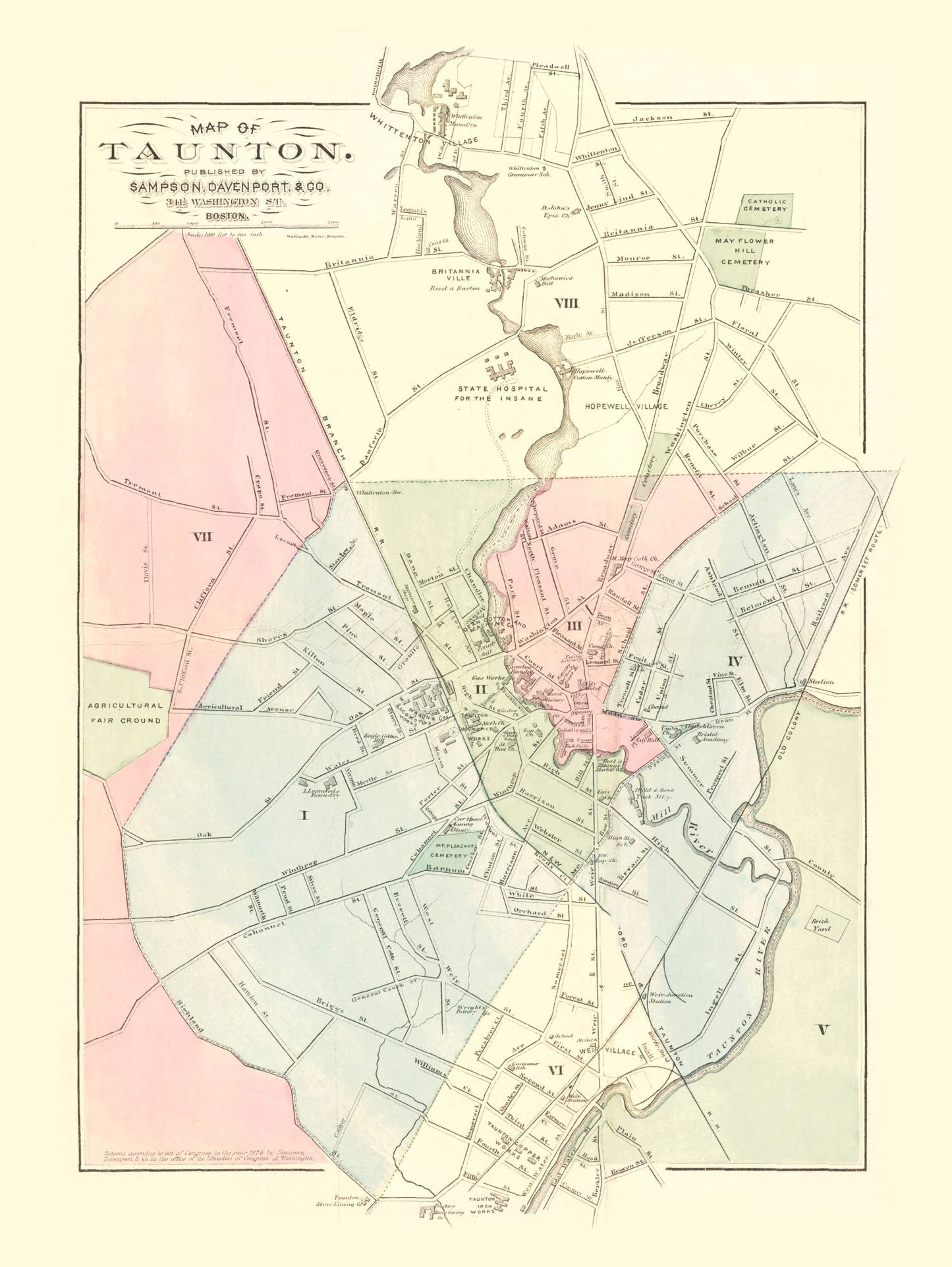 Vintage Map of Taunton, Massachusetts 1874