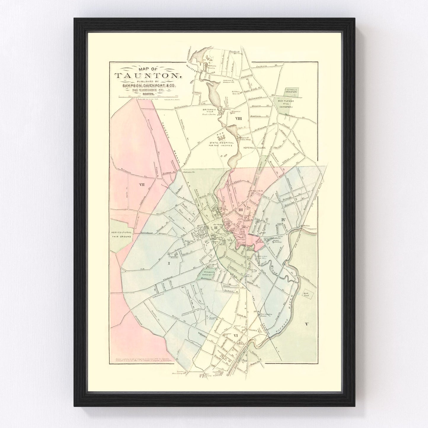 Vintage Map of Taunton, Massachusetts 1874