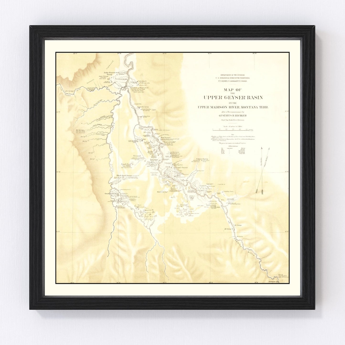 Vintage Map of Upper Geyser Basin on Upper Madison River 1872