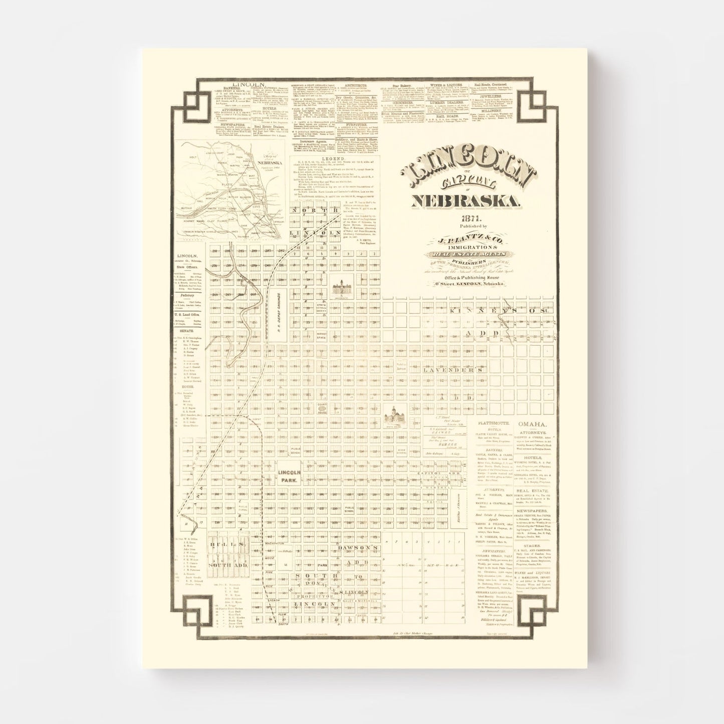 Vintage Map of Lincoln, Nebraska 1871