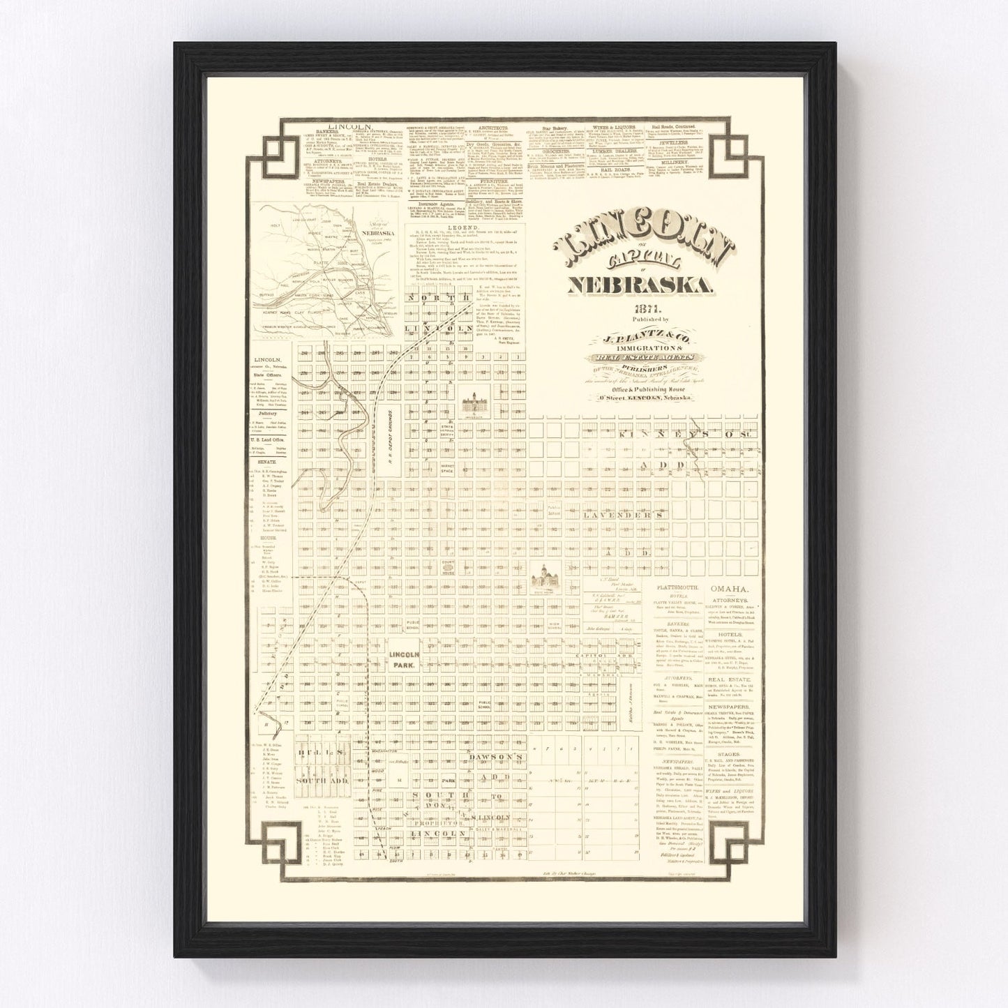 Vintage Map of Lincoln, Nebraska 1871