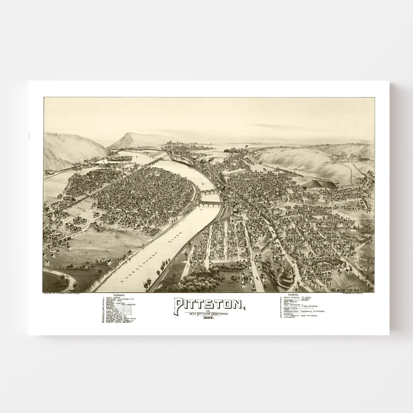 Vintage Map of Pittston & West Pittston, Pennsylvania 1892