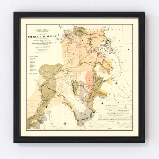Vintage Map of the Sources of Snake River 1872