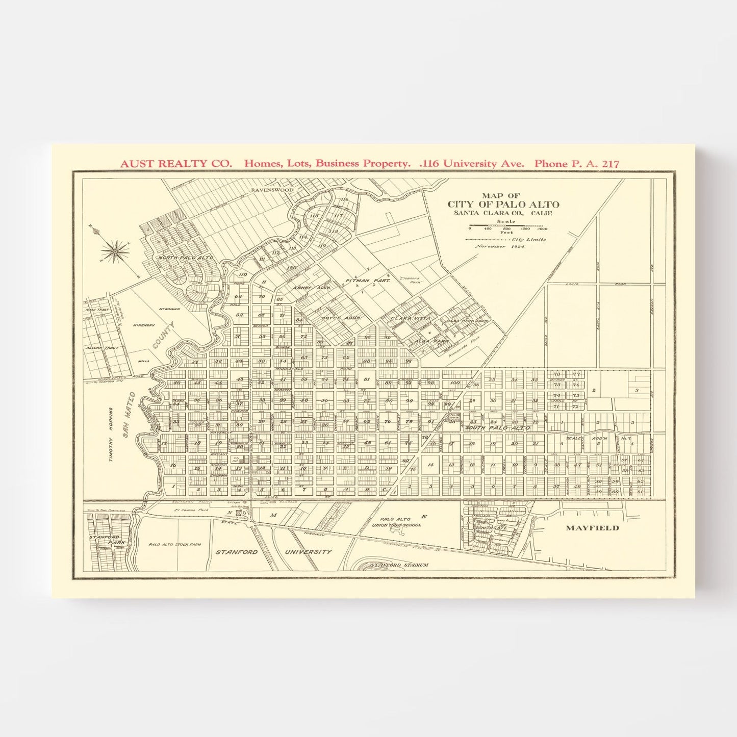 Vintage Map of Palo Alto, California 1924