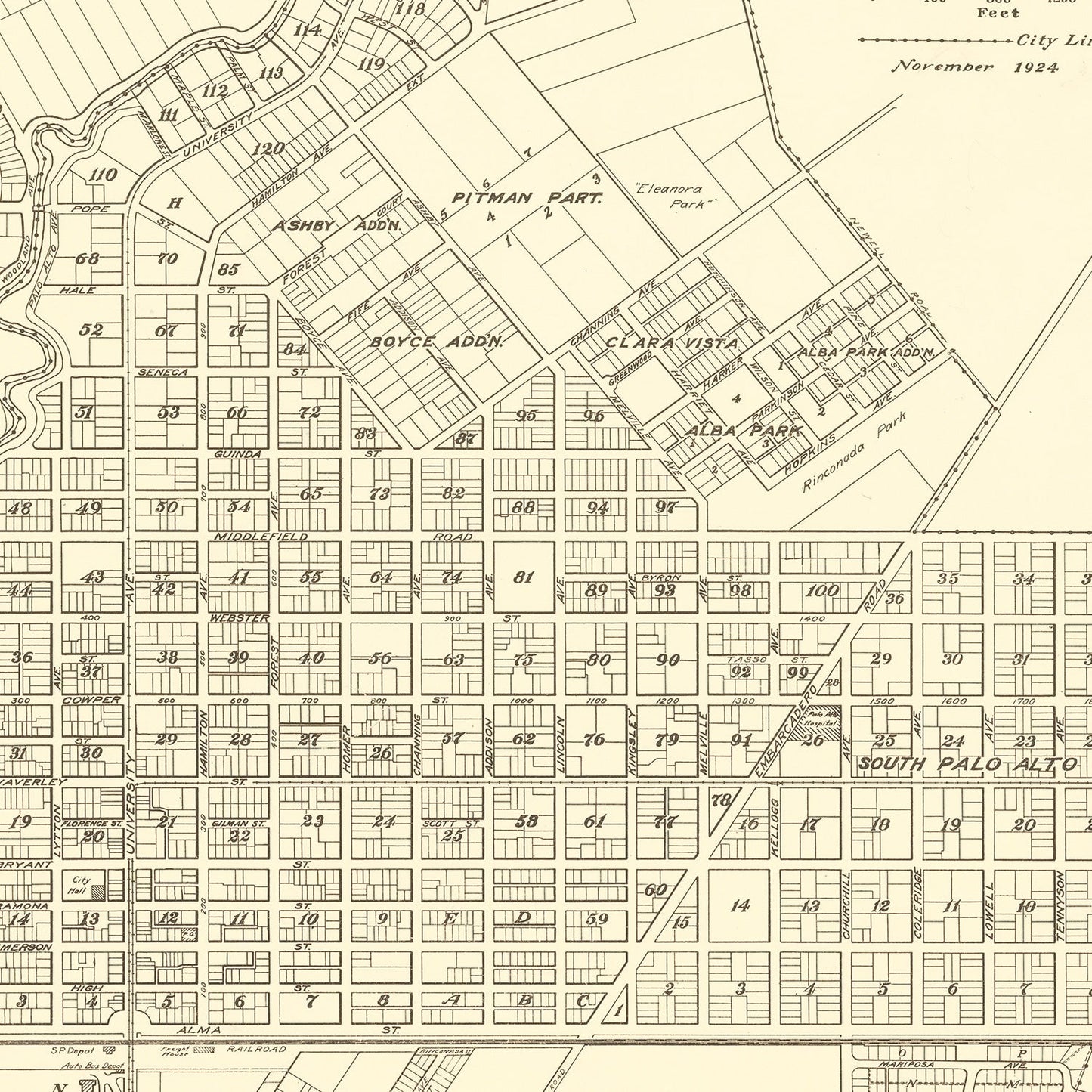 Vintage Map of Palo Alto, California 1924