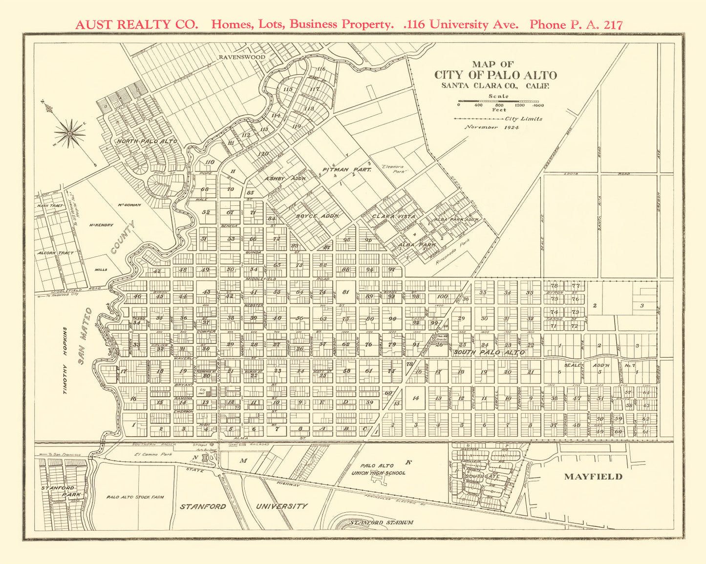 Vintage Map of Palo Alto, California 1924