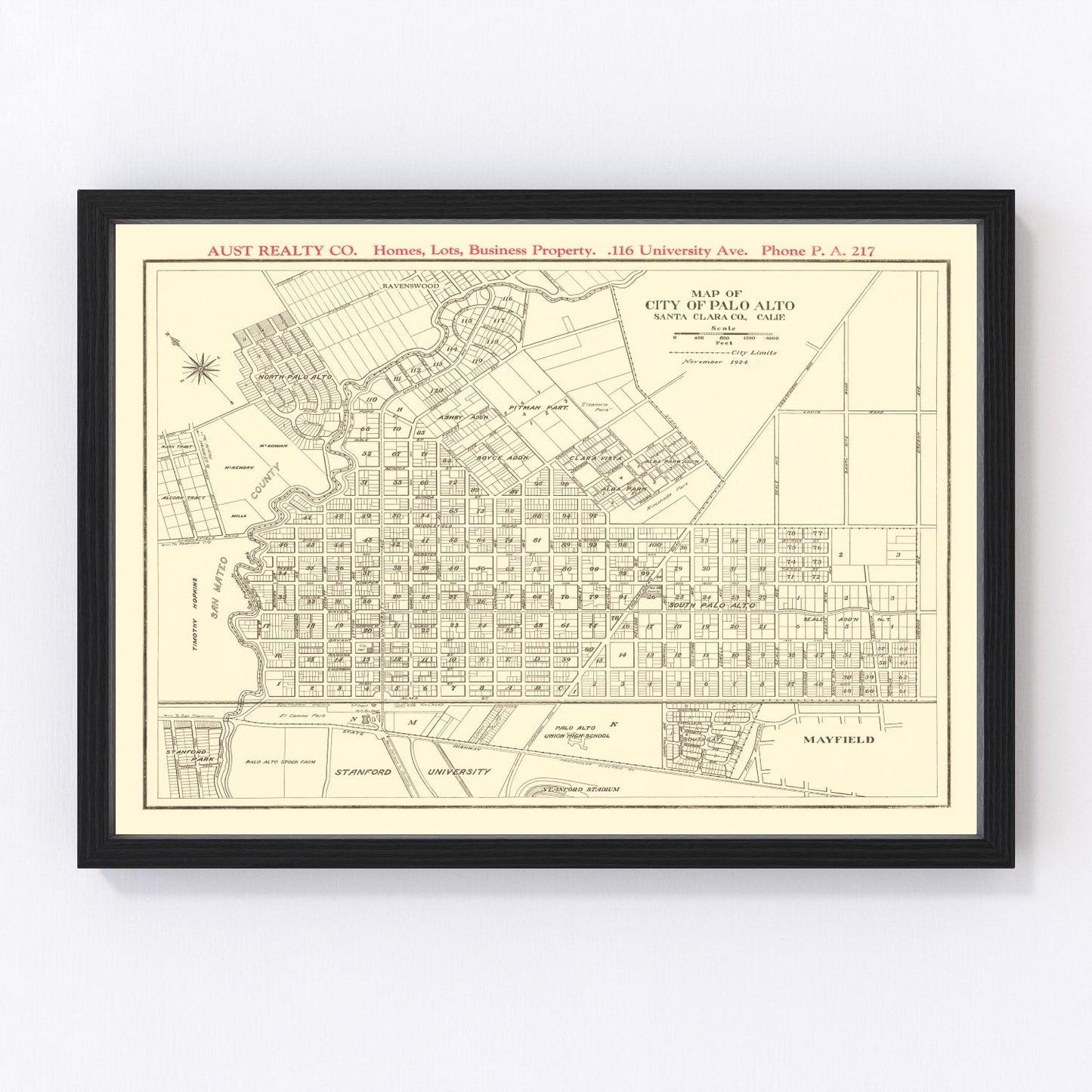 Vintage Map of Palo Alto, California 1924