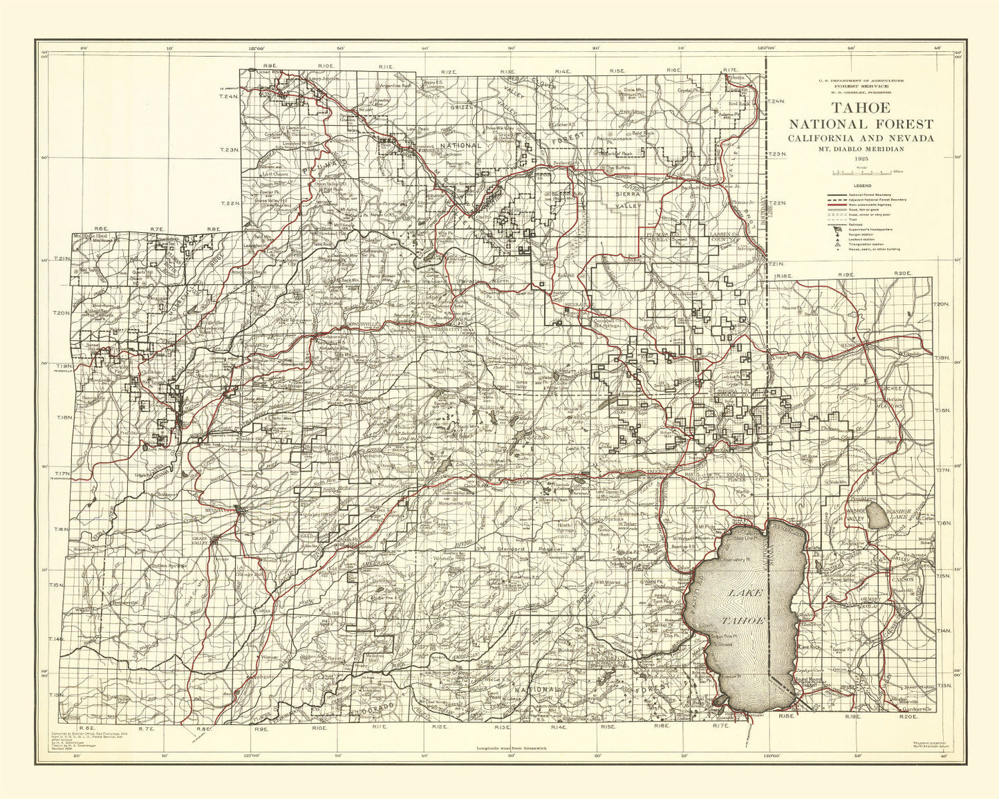 Vintage Map of Tahoe National Forest 1925