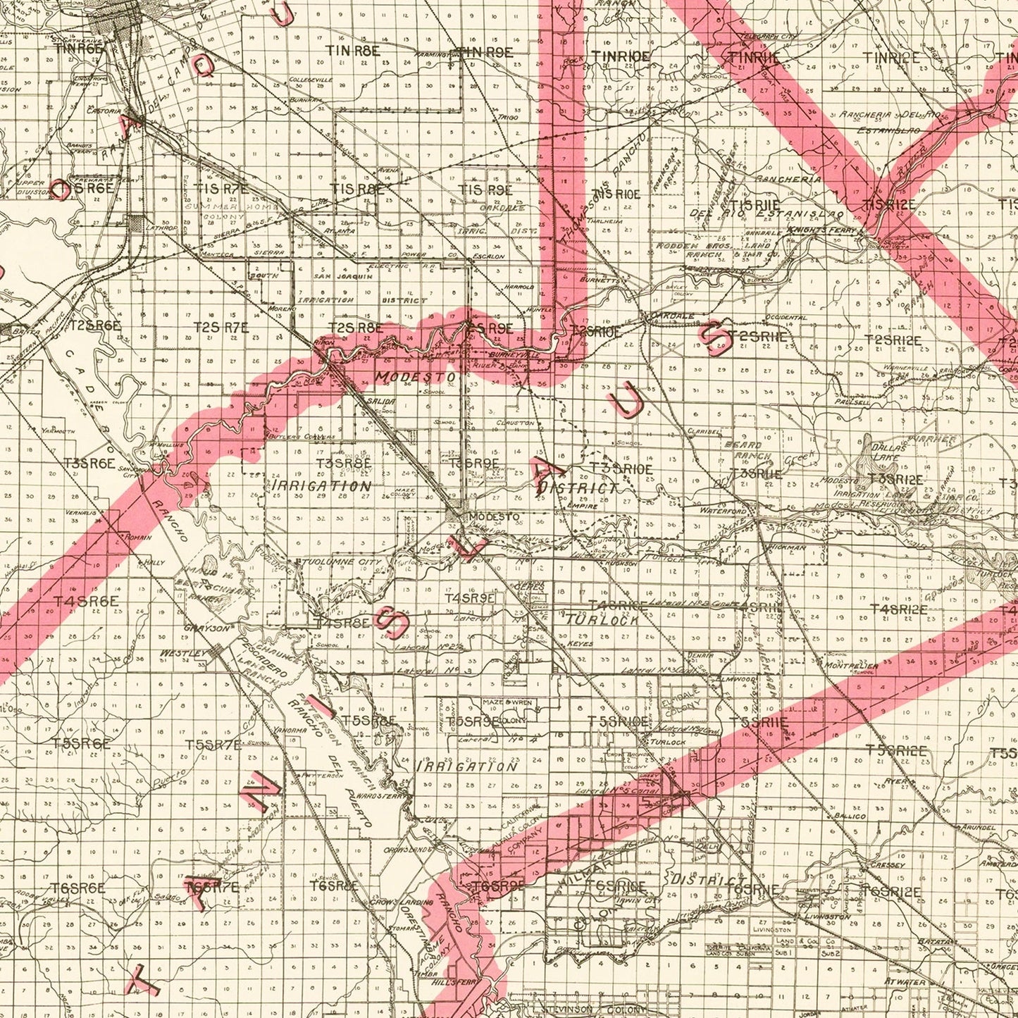 Vintage Map of Stanislaus County, California 1914