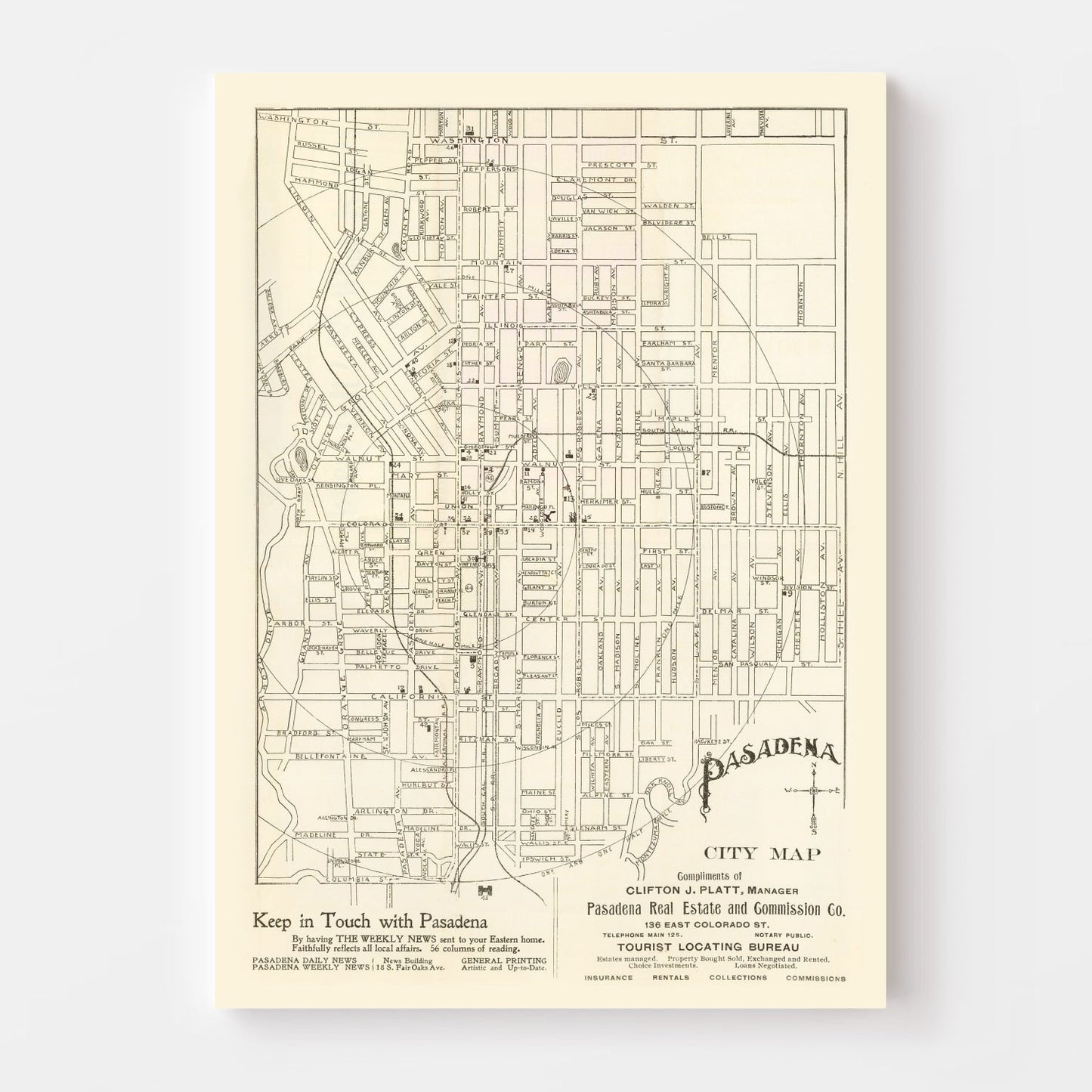 Vintage Map of Pasadena, California 1902