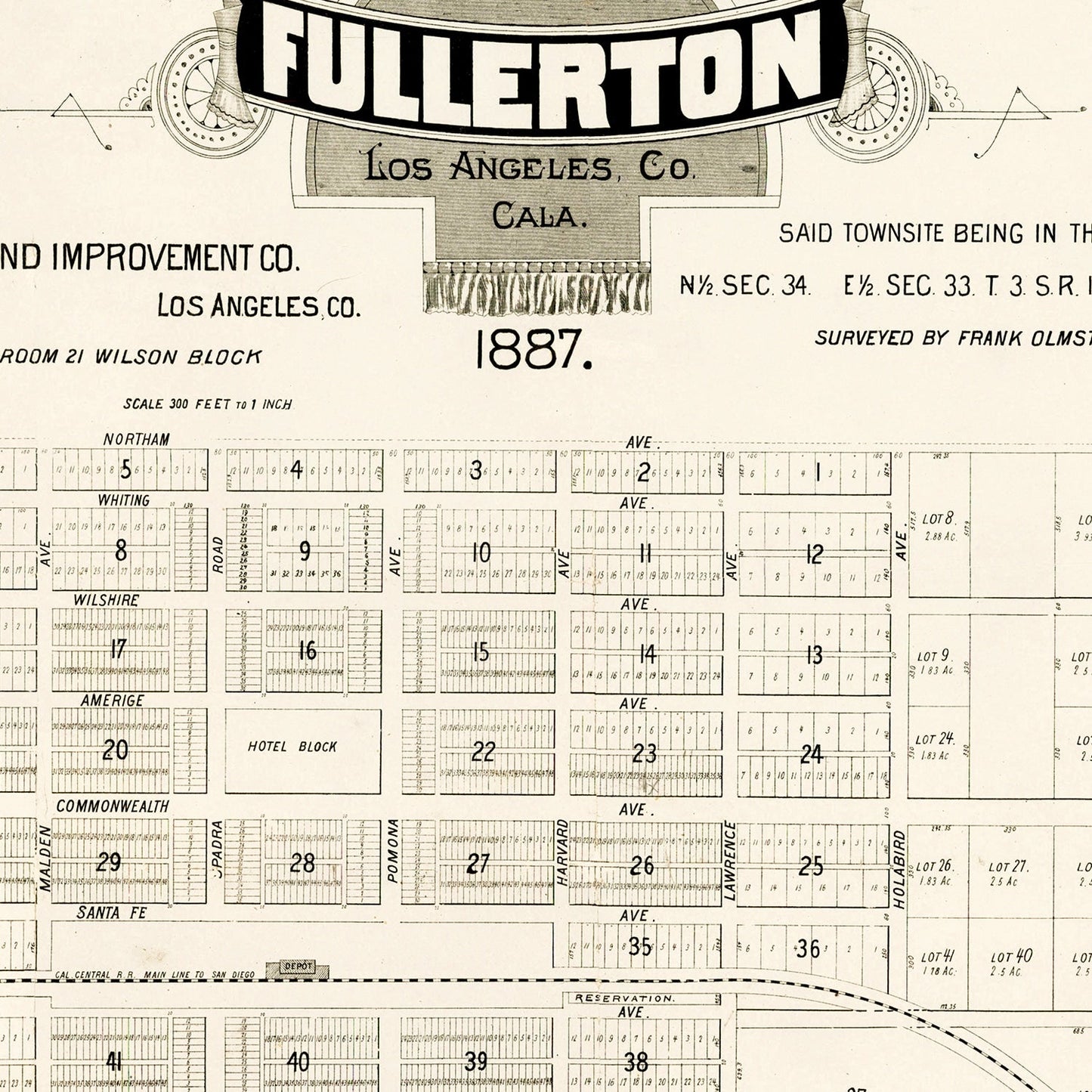 Vintage Map of Fullerton, California 1887
