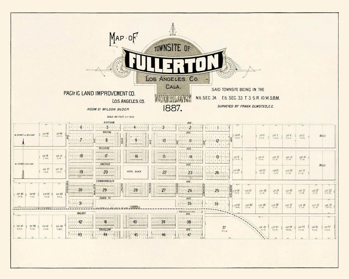 Vintage Map of Fullerton, California 1887