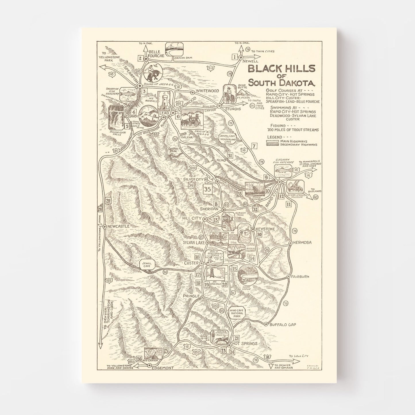 Vintage Black Hills of South Dakota Map 1932