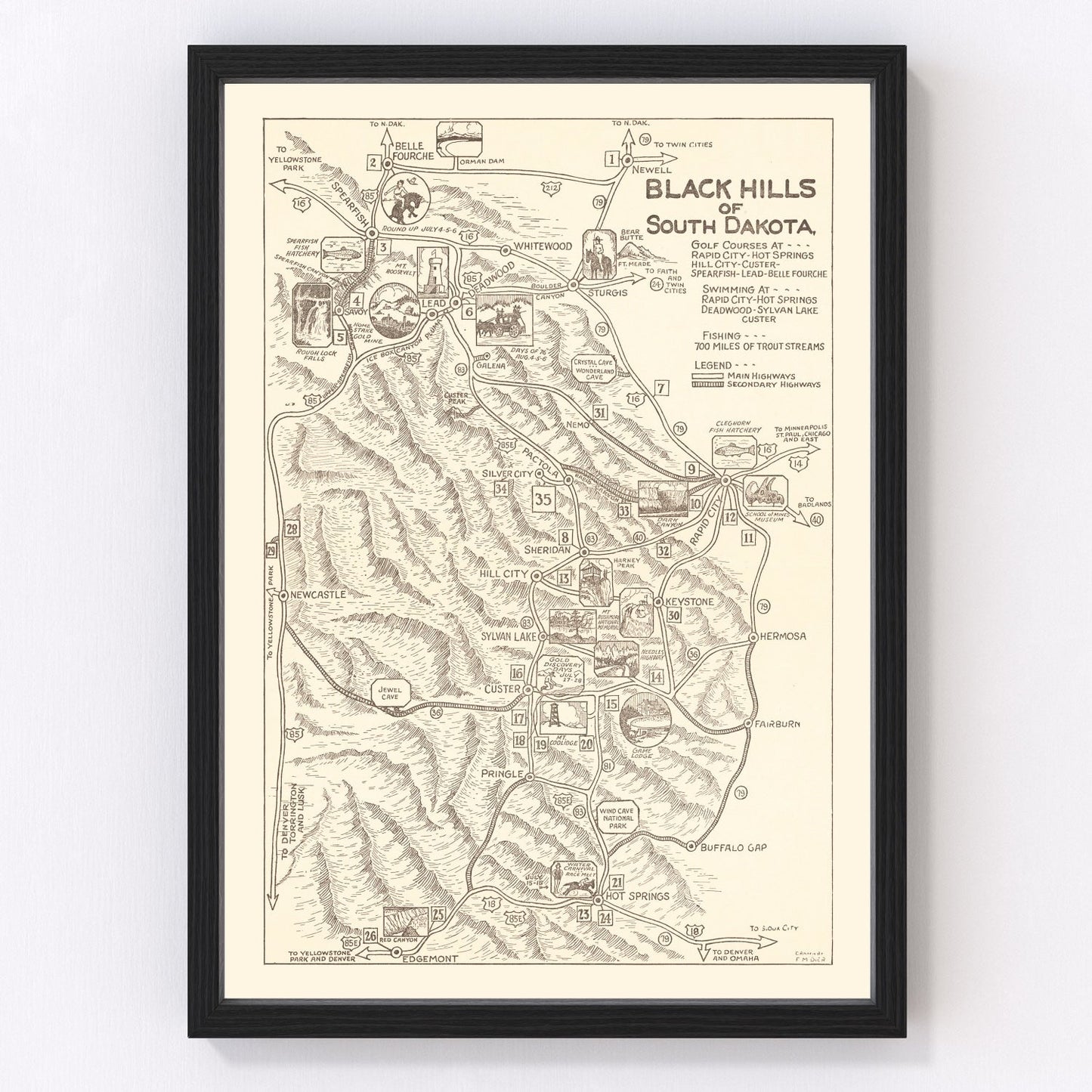 Vintage Black Hills of South Dakota Map 1932