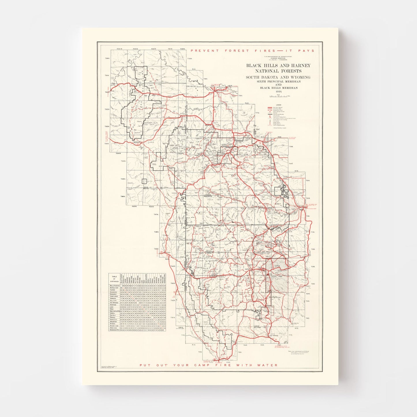 Vintage Black Hills & Harney National Forest Map 1934