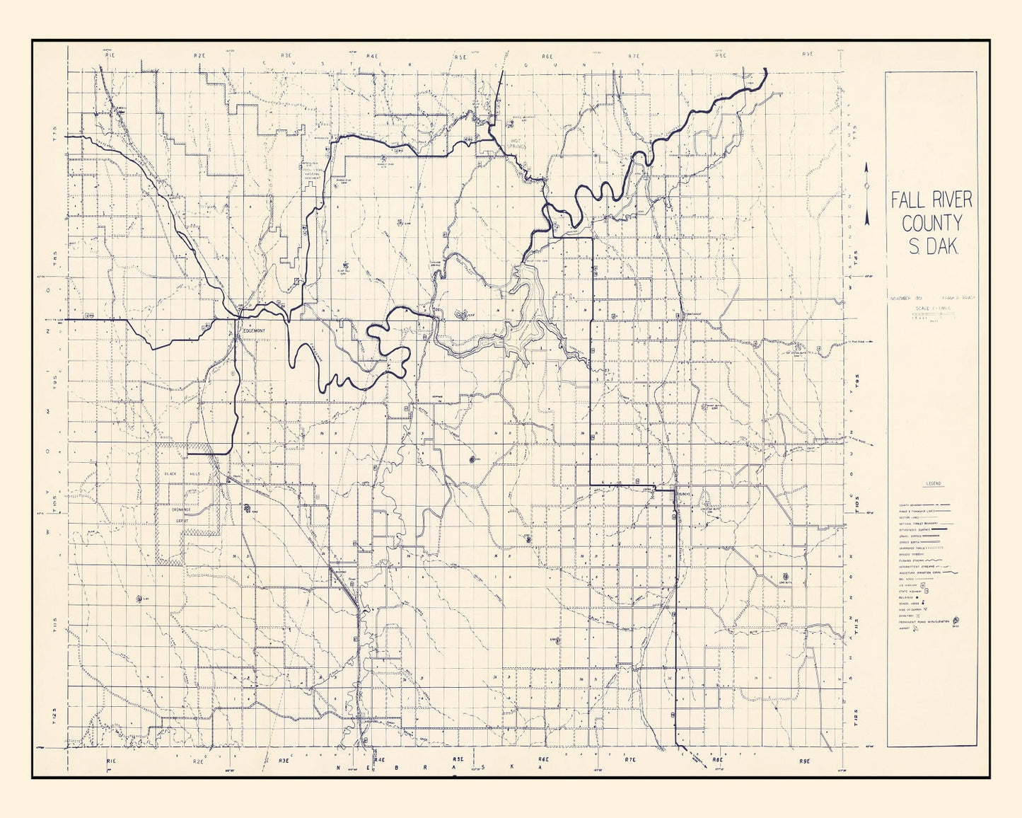 Vintage Map of Fall River County, South Dakota 1951