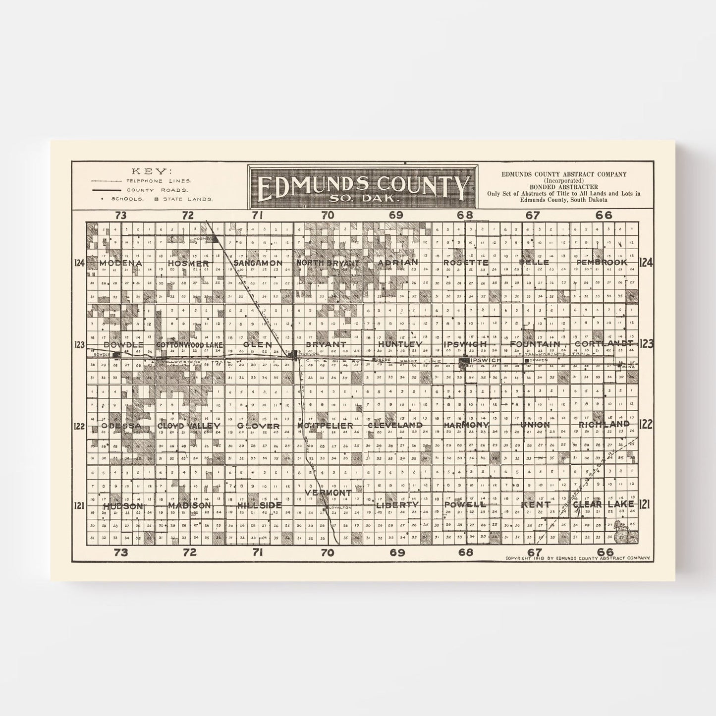 Vintage Map of Edmunds County, South Dakota 1918