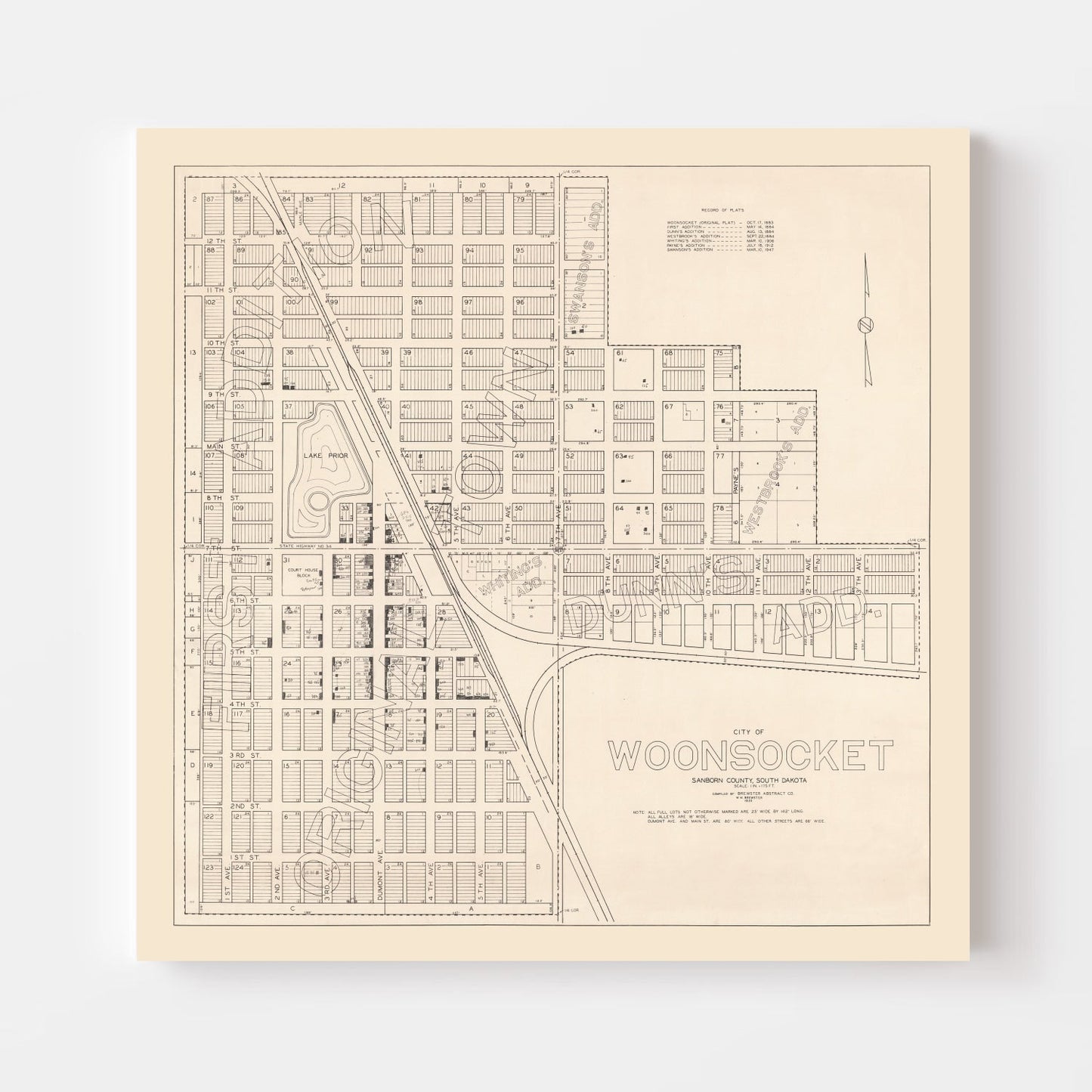 Vintage Map of Woonsocket, South Dakota 1950