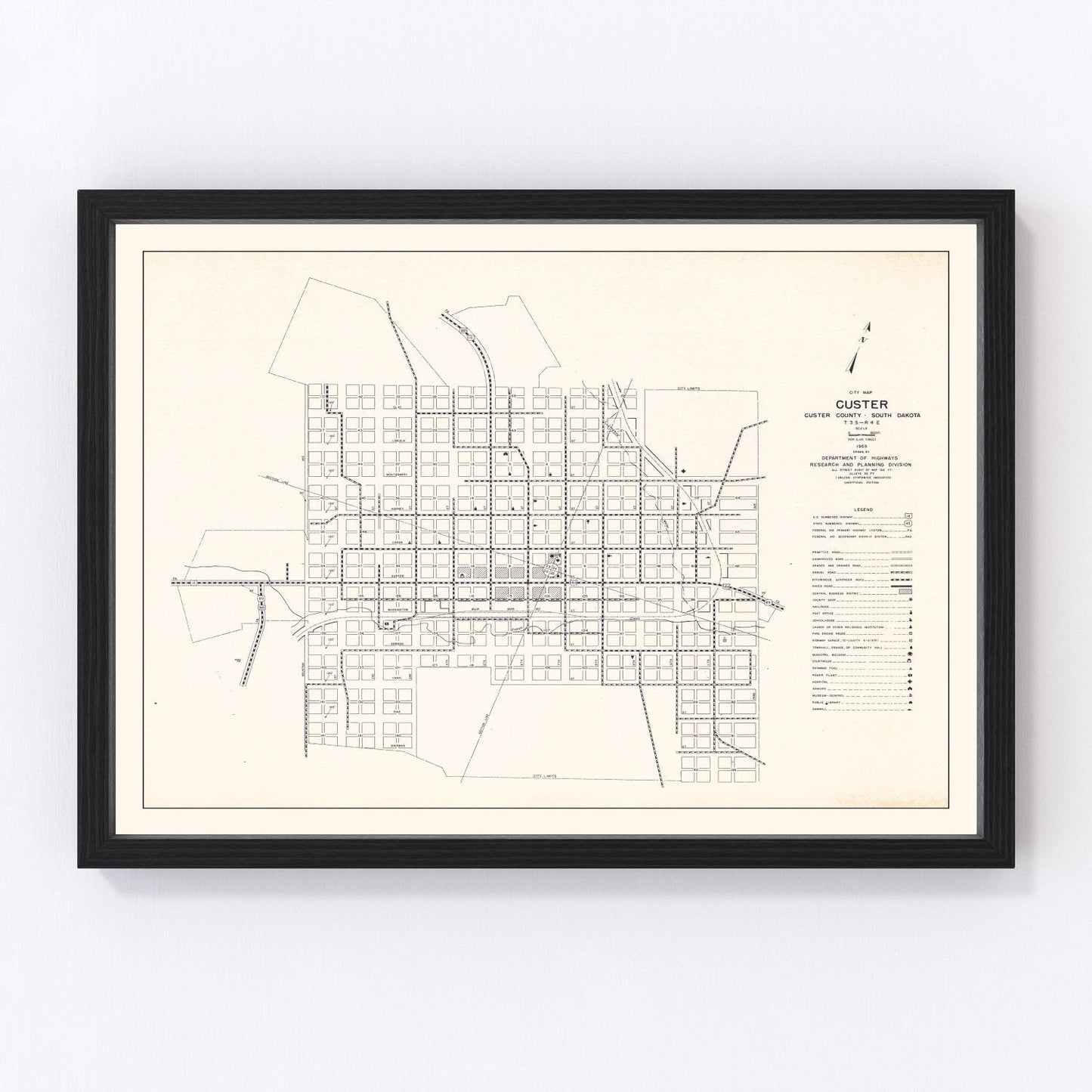 Vintage Map of Custer, South Dakota 1969