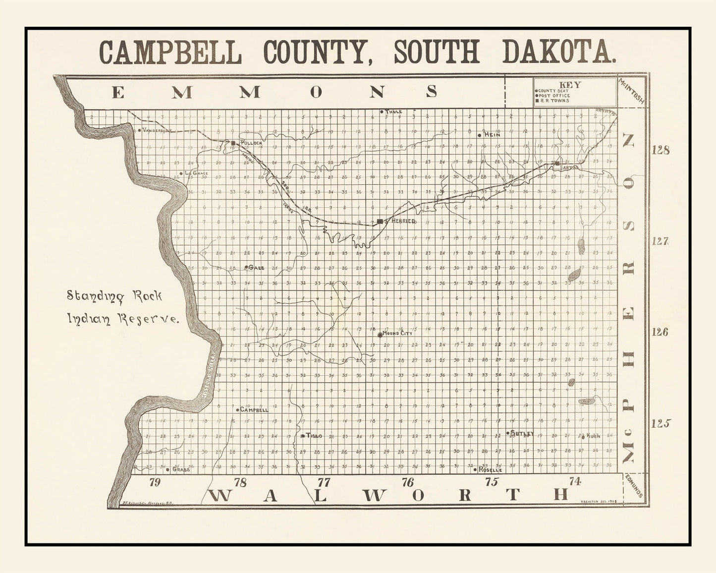 Vintage Map of Campbell County, South Dakota 1908