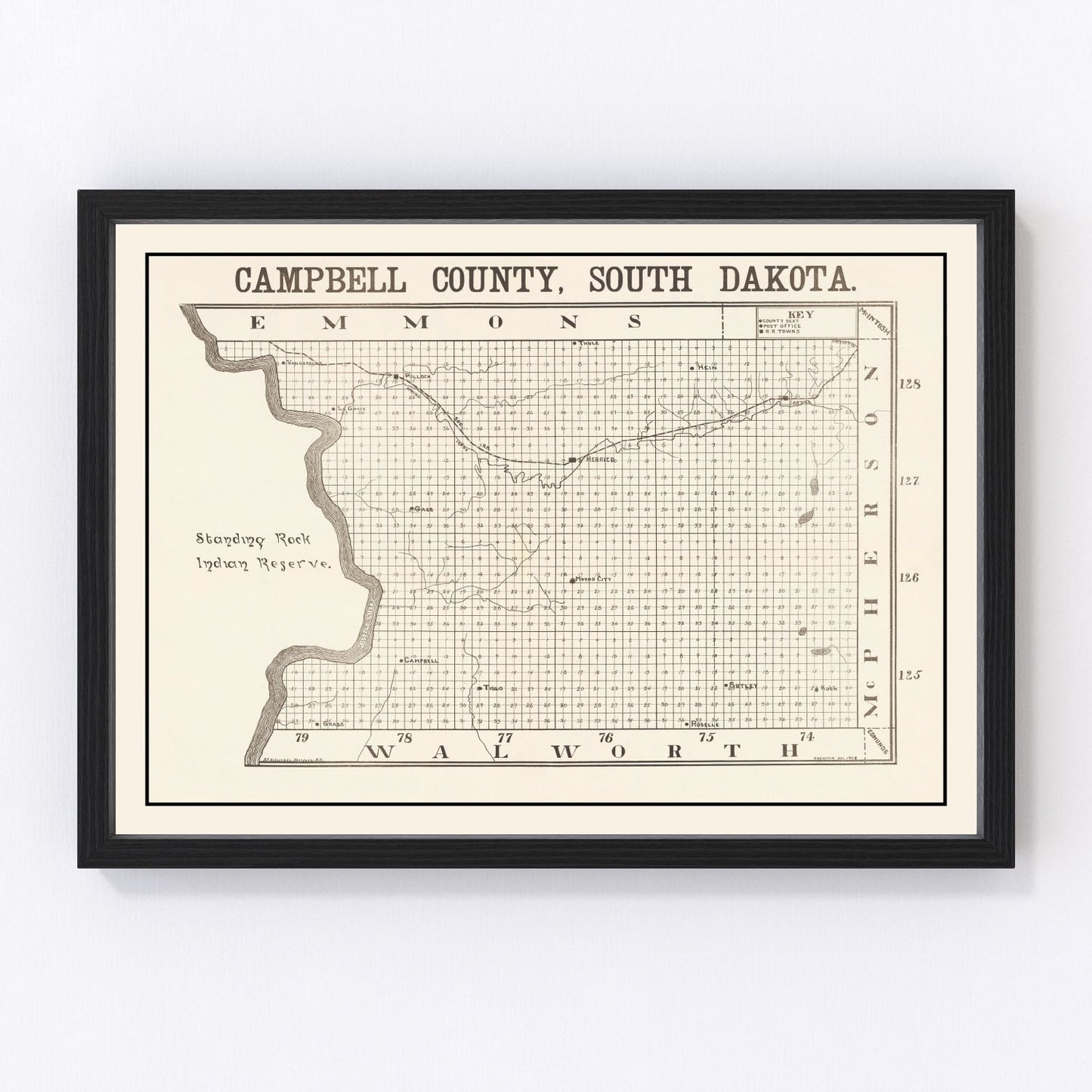 Vintage Map of Campbell County, South Dakota 1908