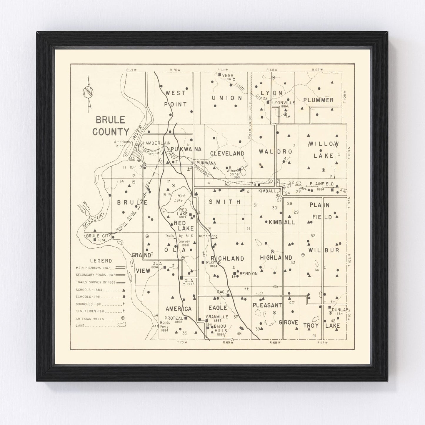 Vintage Map of Brule County, South Dakota 1947