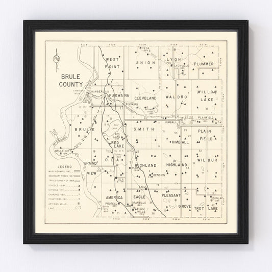 Vintage Map of Brule County, South Dakota 1947