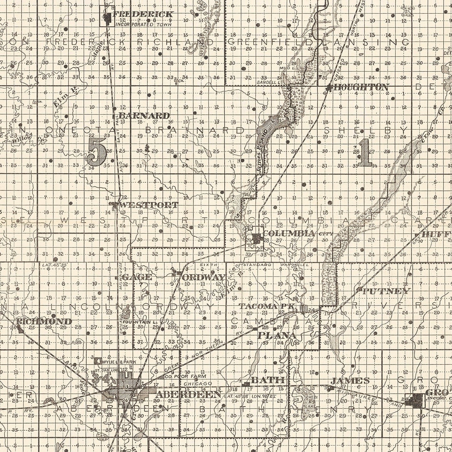 Vintage Map of Brown County, South Dakota 1918