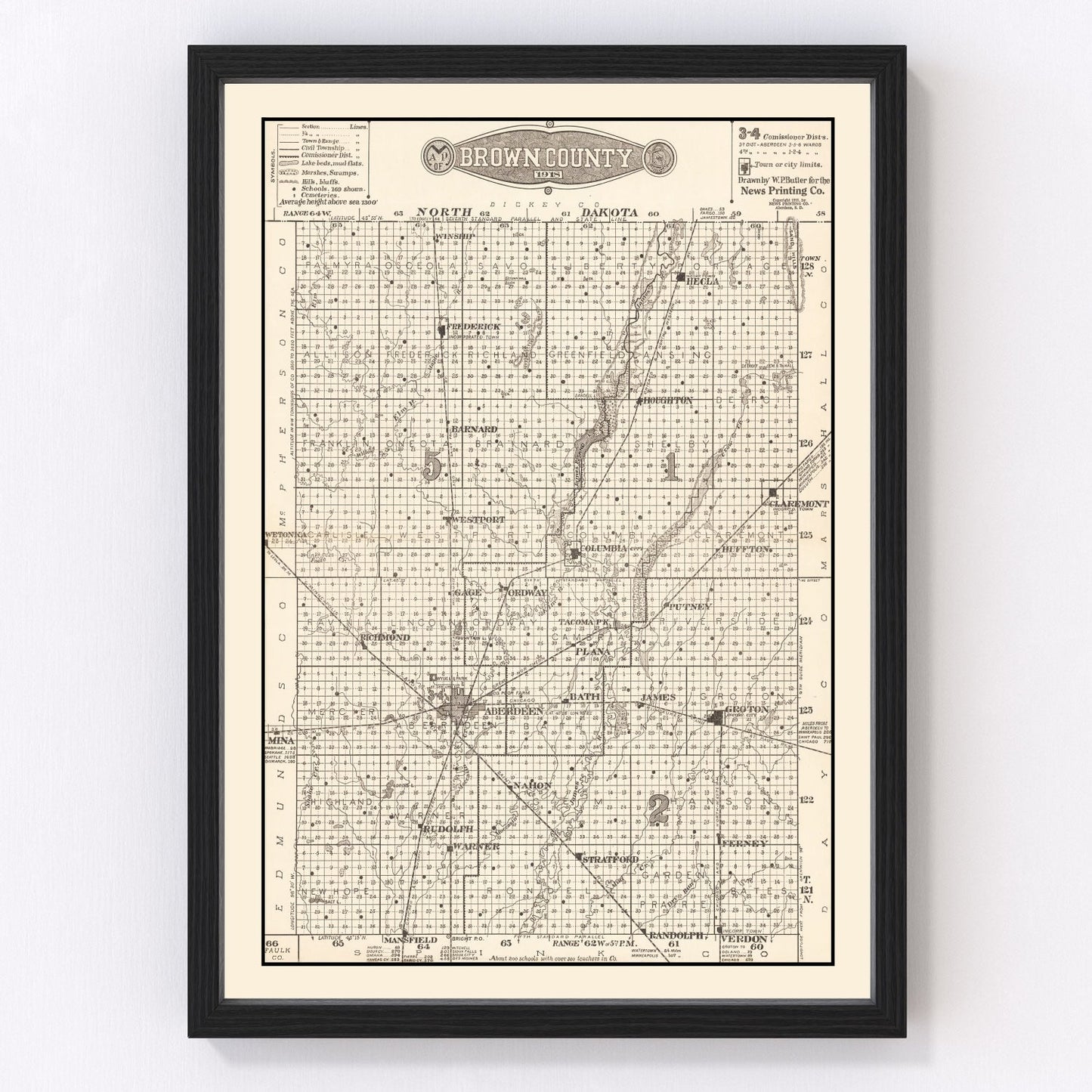 Vintage Map of Brown County, South Dakota 1918