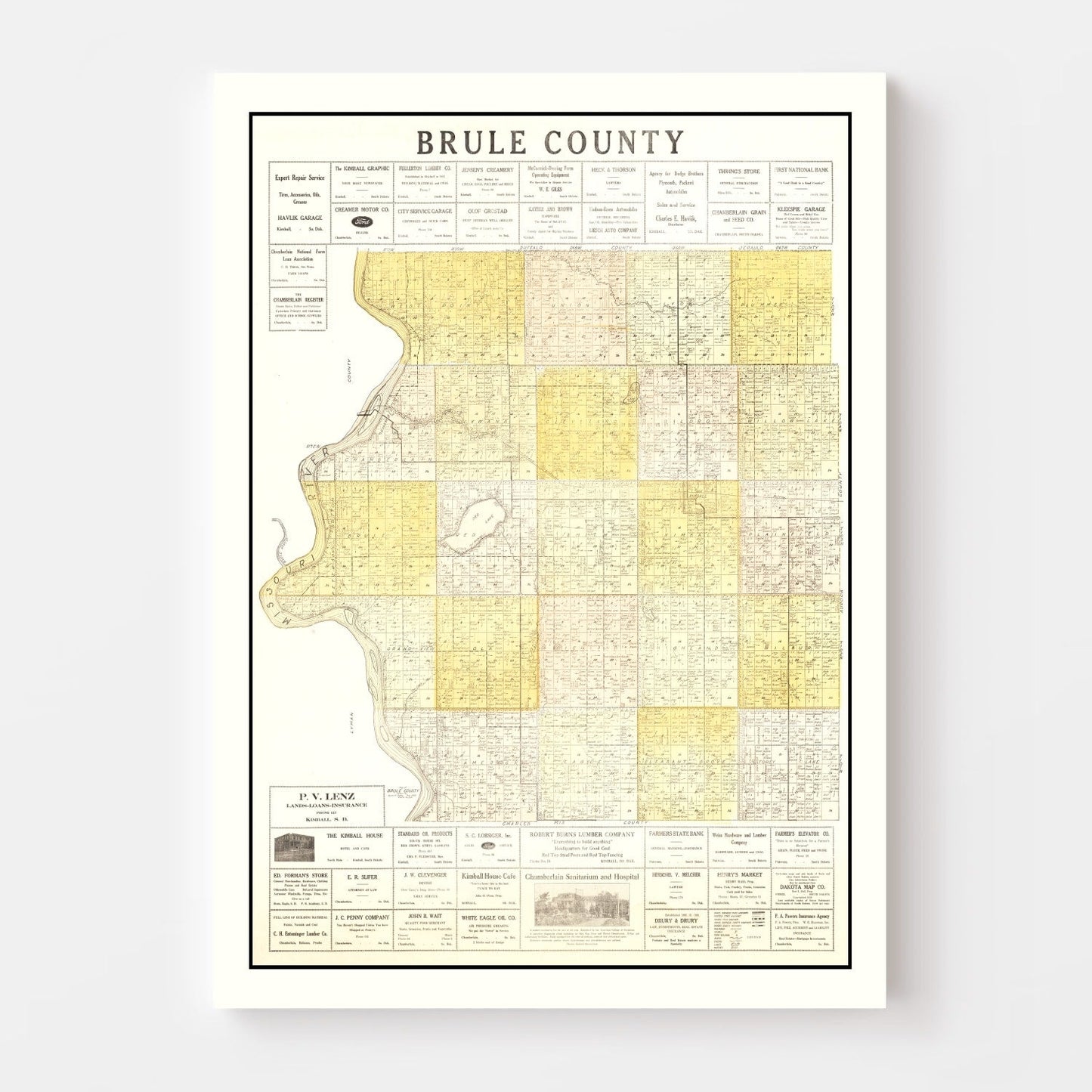 Vintage Map of Brule County, South Dakota 1930