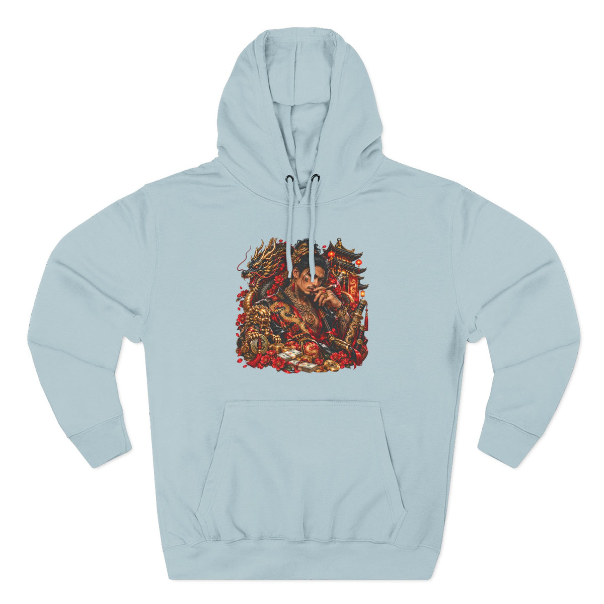 Dragon Battle Hoodie — Three-Panel Fleece Hooded Sweatshirt with Fiery Fantasy Artwork