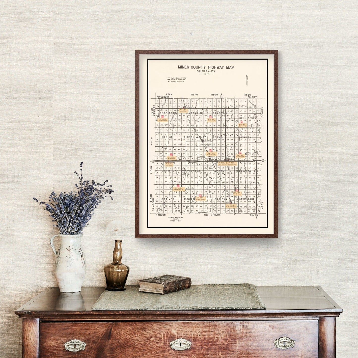 Vintage Map of Miner County, South Dakota 1954
