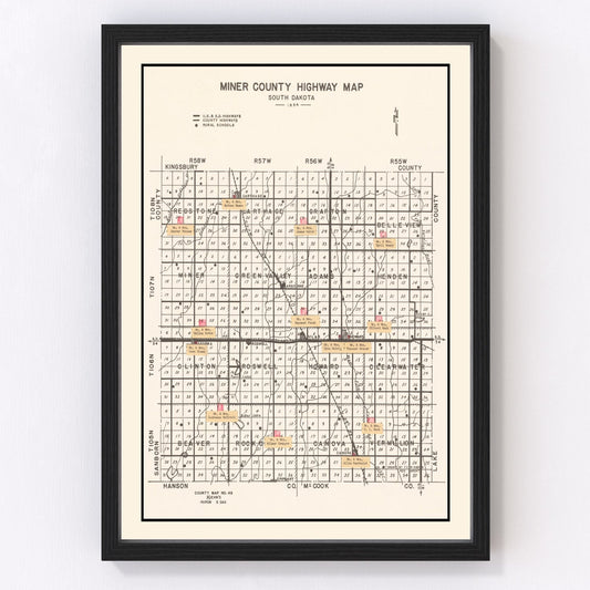 Vintage Map of Miner County, South Dakota 1954