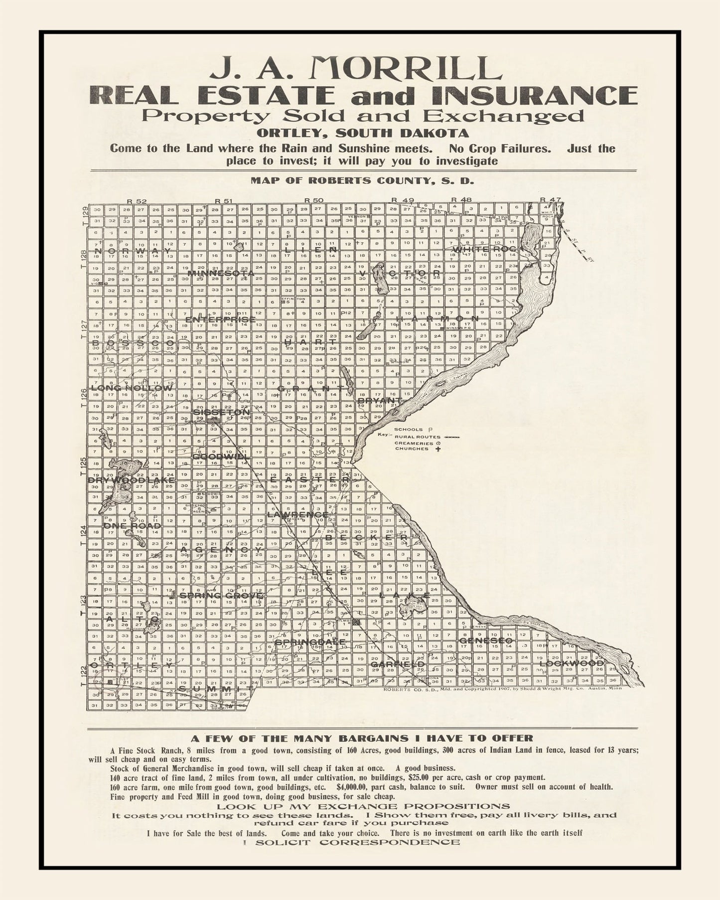 Vintage Map of Roberts County, South Dakota 1907