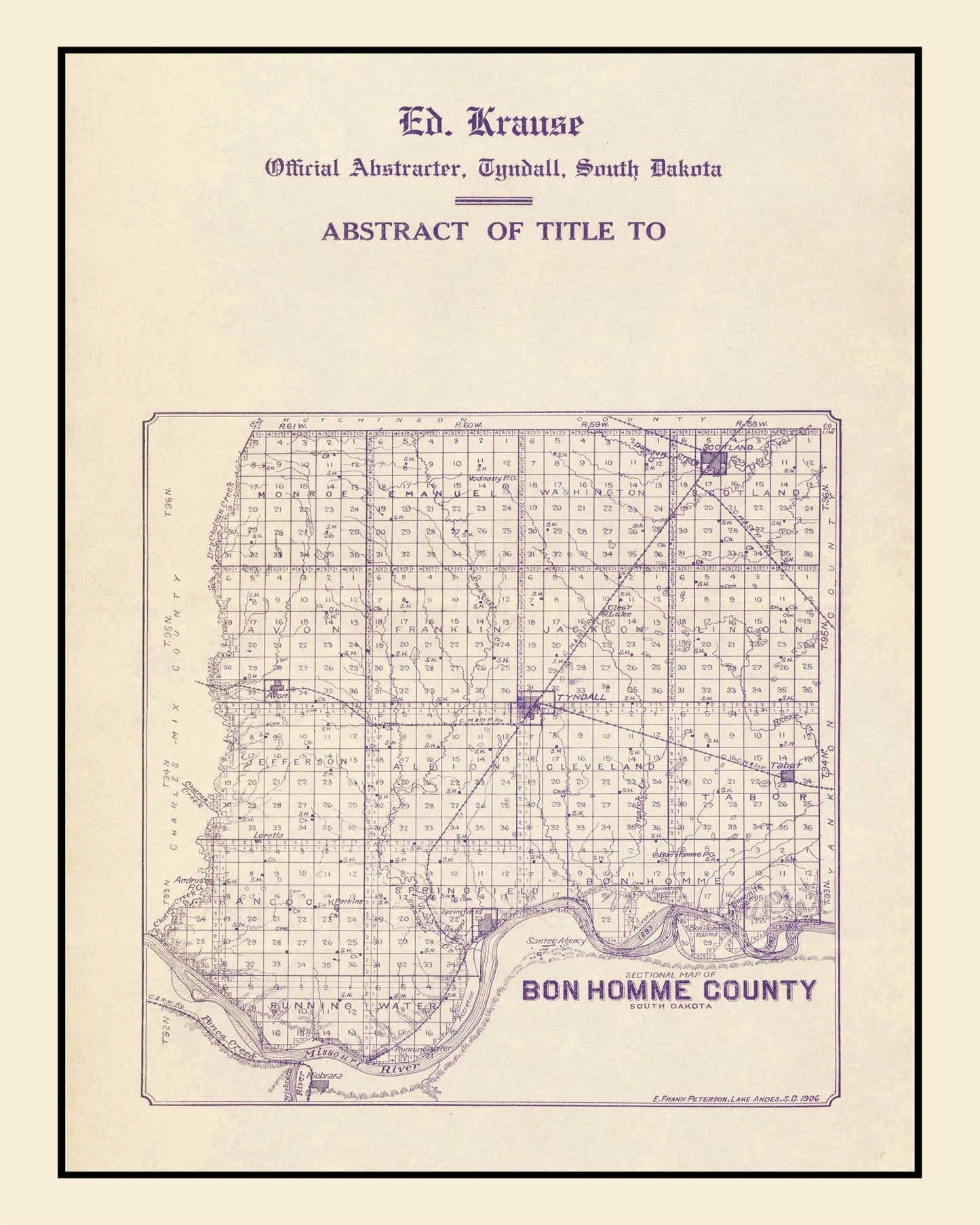 Vintage Map of Bon Homme County, South Dakota 1906