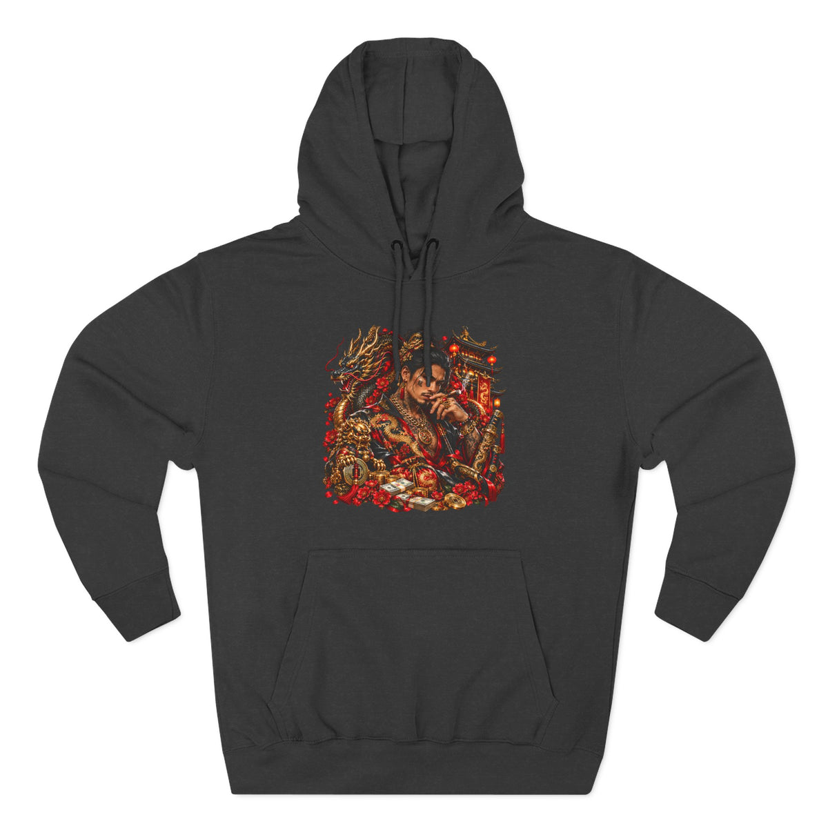 Dragon Battle Hoodie — Three-Panel Fleece Hooded Sweatshirt with Fiery Fantasy Artwork
