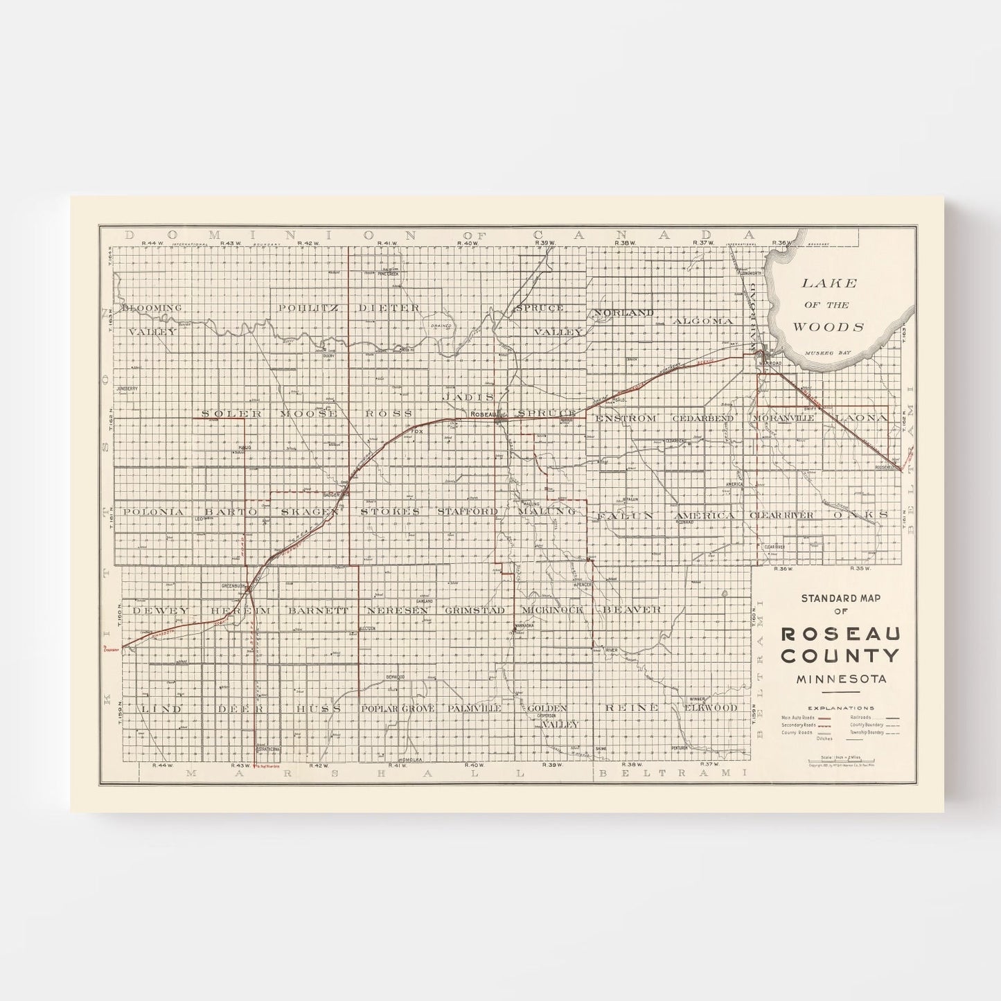 Vintage Map of Roseau County, Minnesota 1921