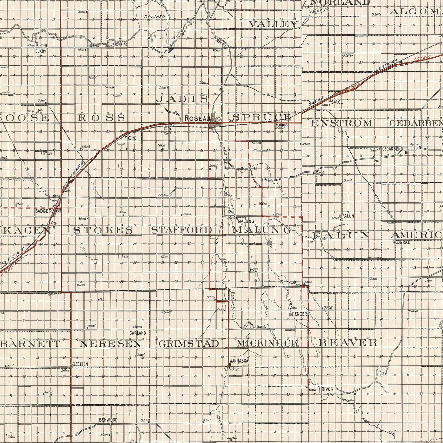 Vintage Map of Roseau County, Minnesota 1921