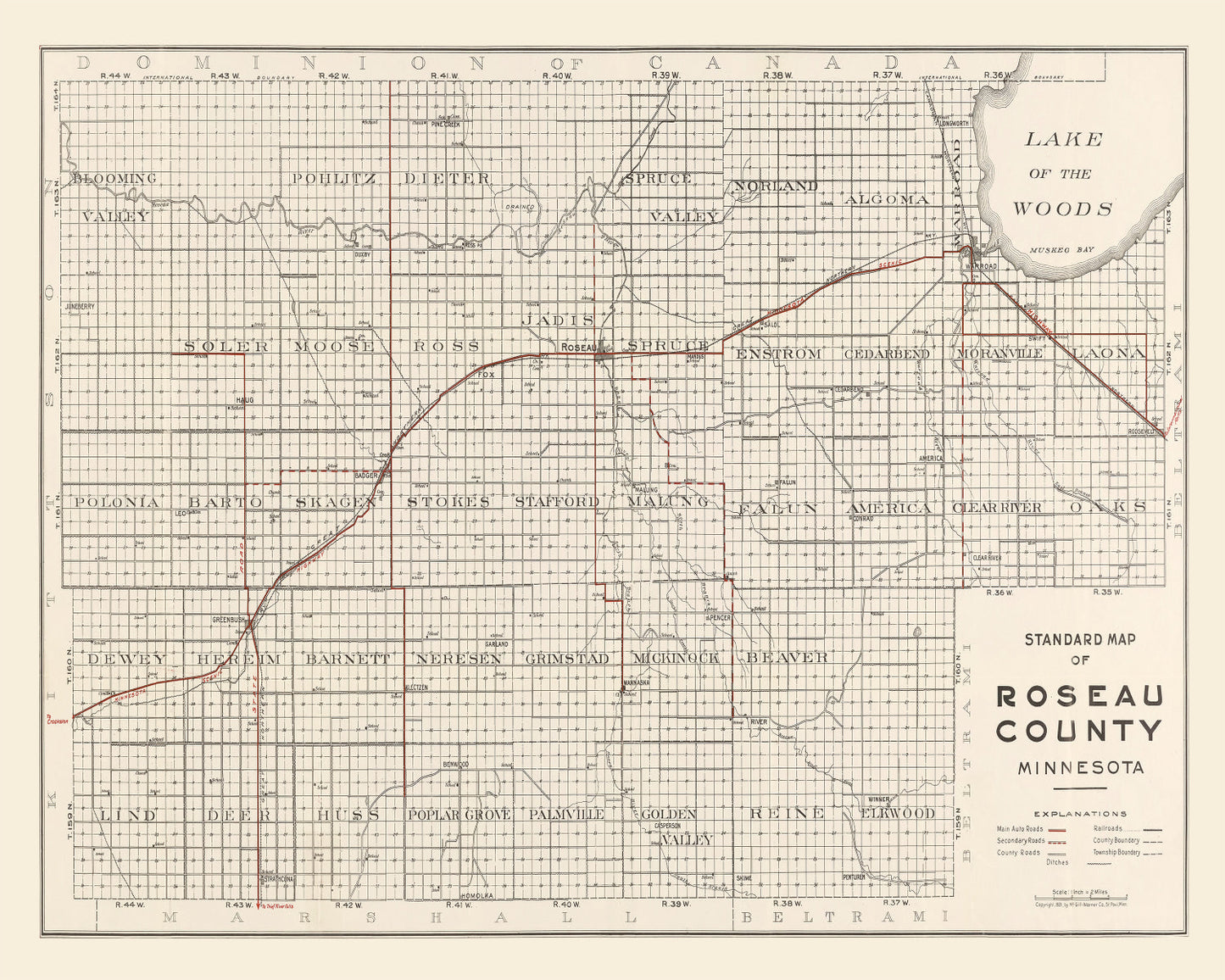 Vintage Map of Roseau County, Minnesota 1921