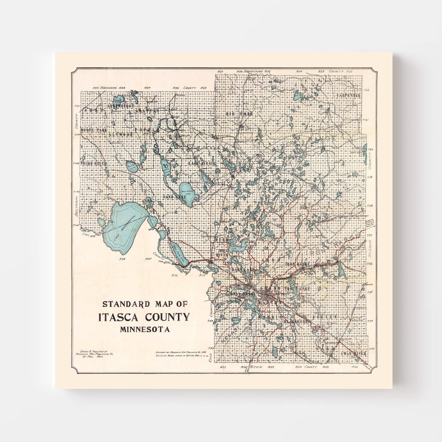Vintage Map of Itasca County, Minnesota 1914