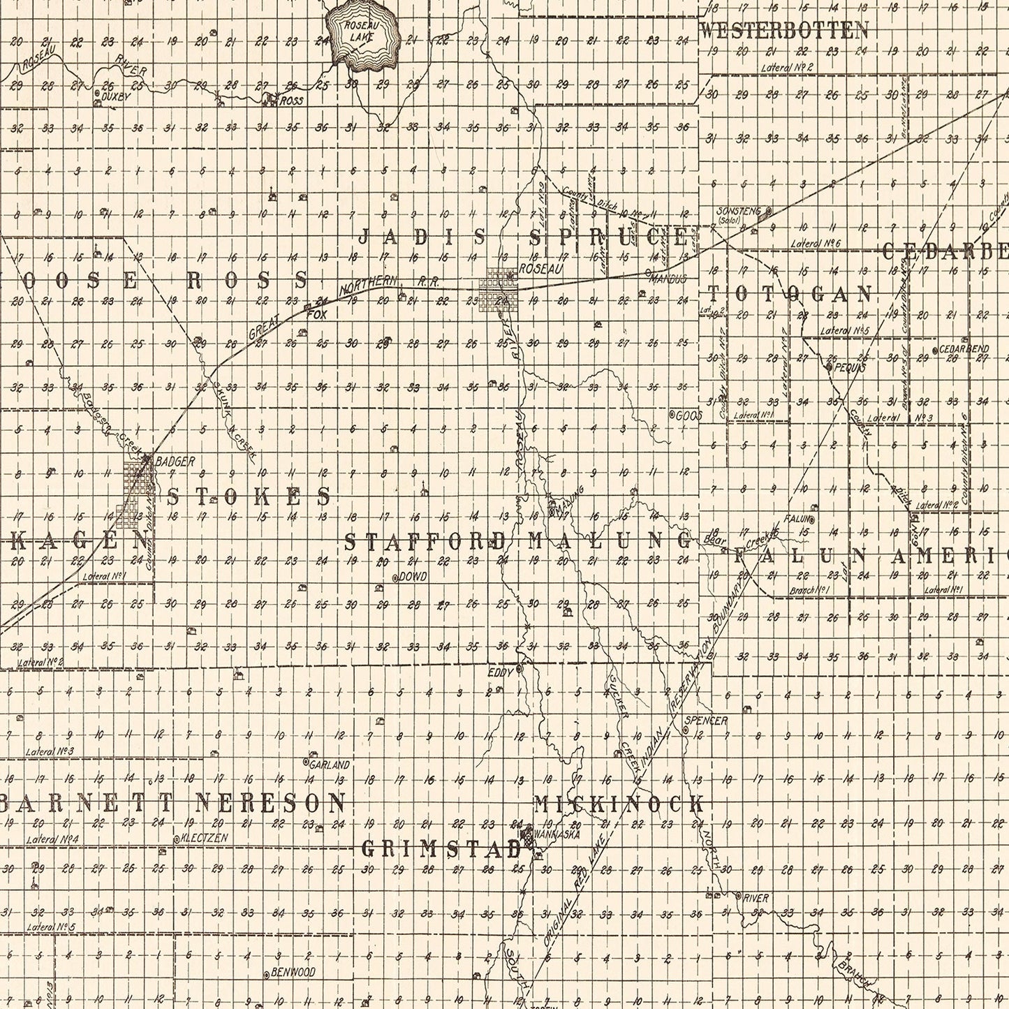 Vintage Map of Roseau County, Minnesota 1911