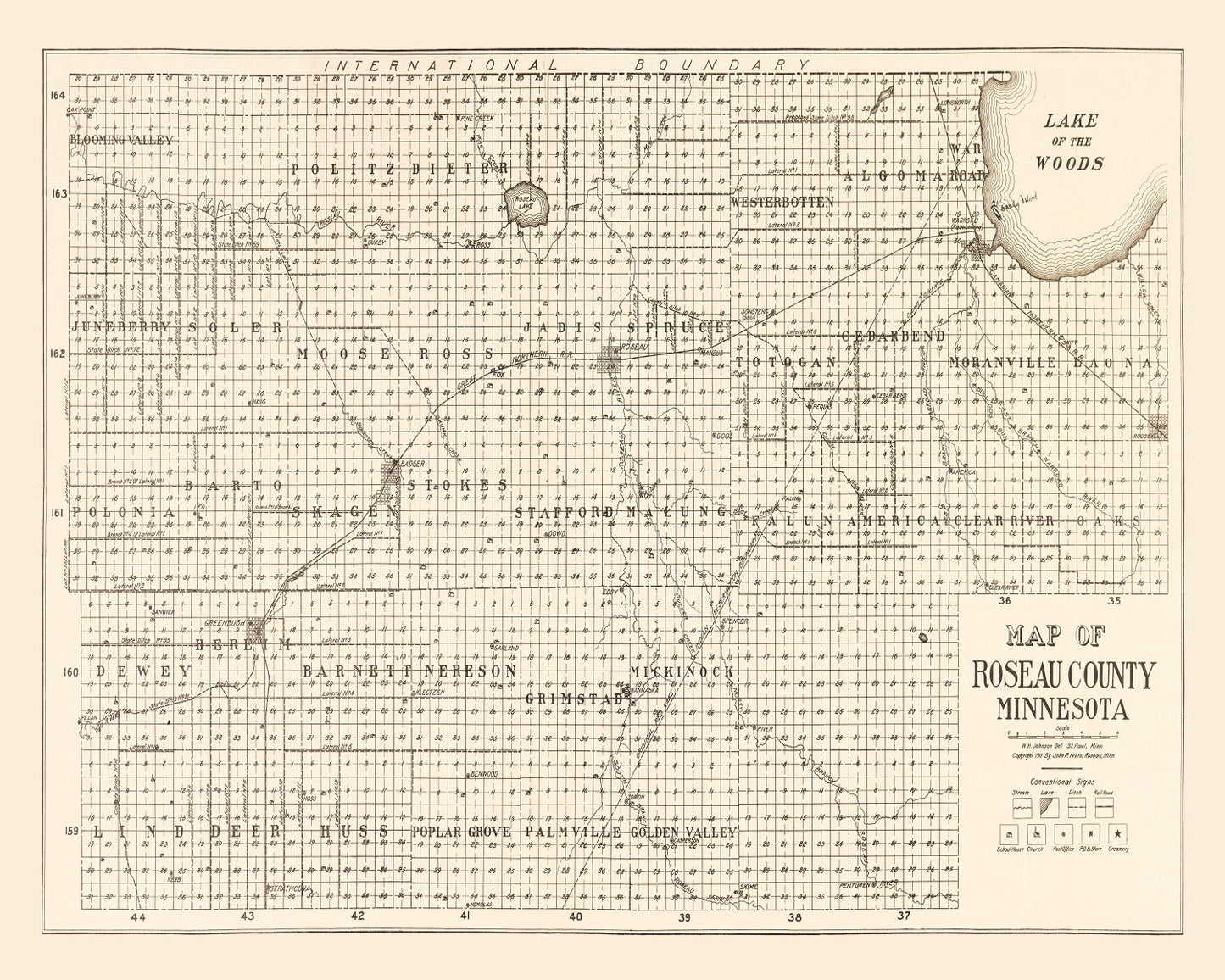 Vintage Map of Roseau County, Minnesota 1911