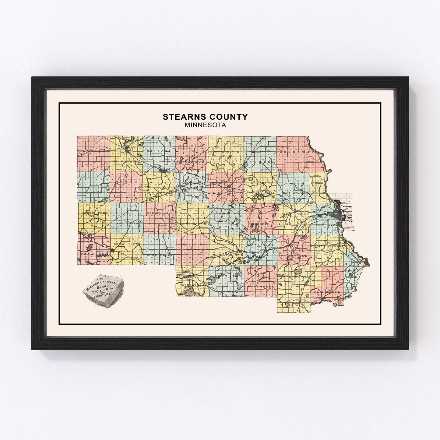 Vintage Map of Stearns County, Minnesota 1907