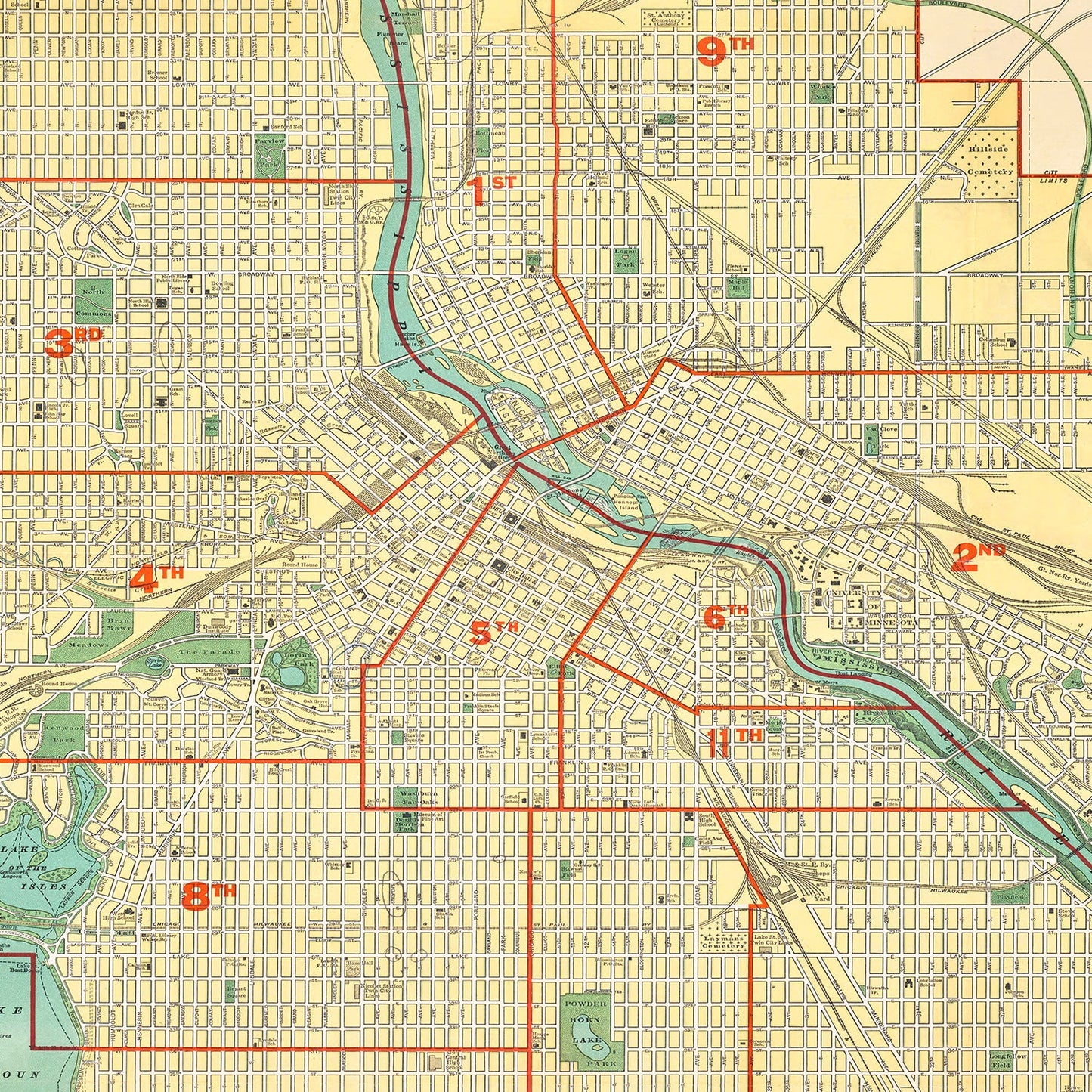 Vintage Map of Minneapolis, Minnesota 1924