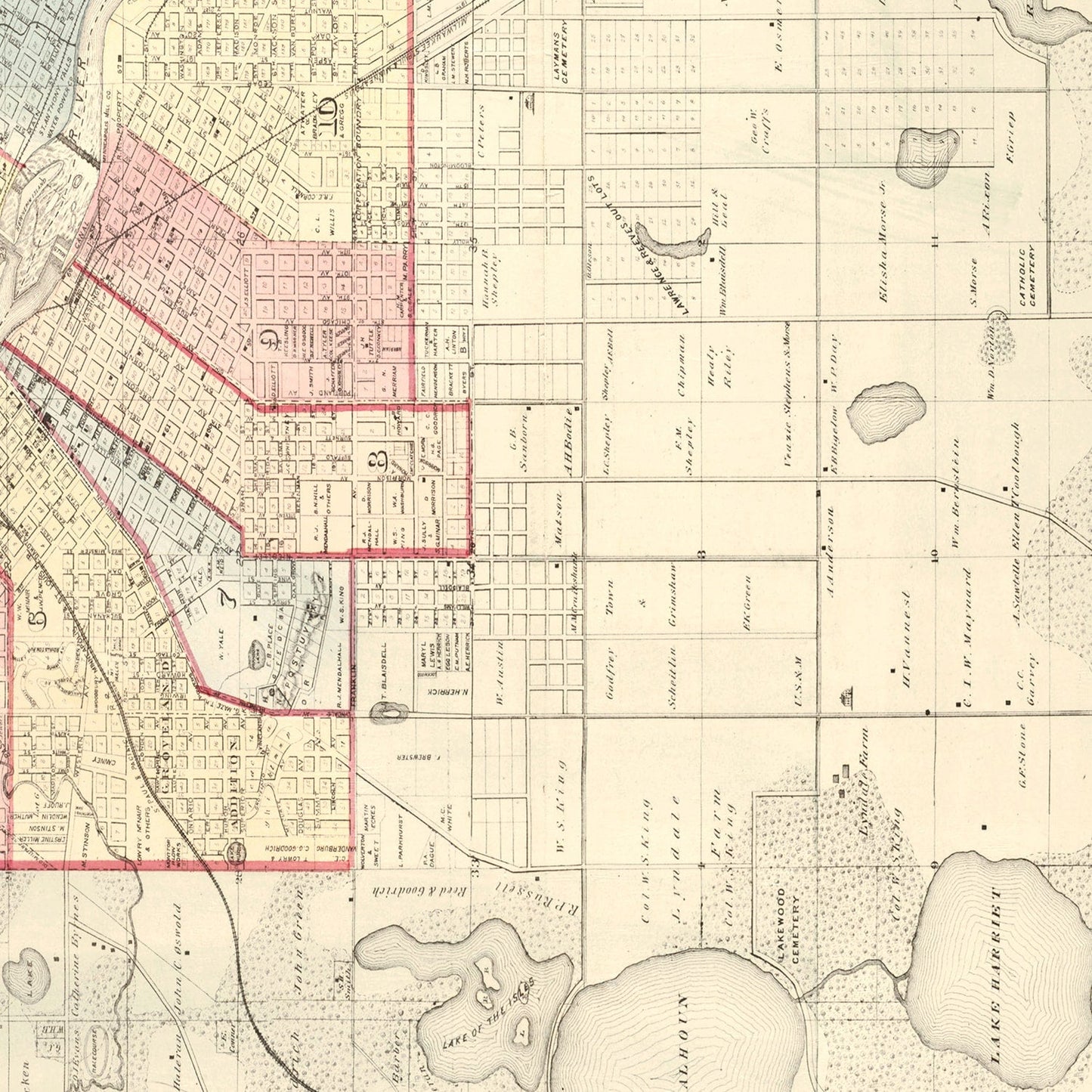 Vintage Map of Minneapolis, Minnesota 1874